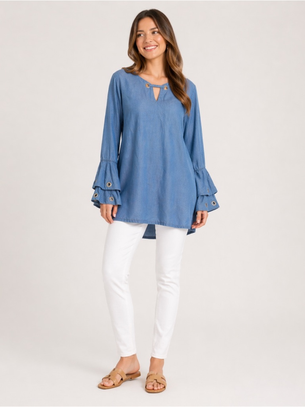 intro. Chambray Blue Ruffle-Sleeve Tunic with Grommet Detail